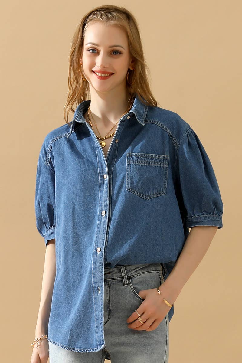 NINEXIS - CWJT0001-B_SHORT PUFF SLEEVE BUTTON DOWN DENIM SHIRTS: DENIM / (L) 1