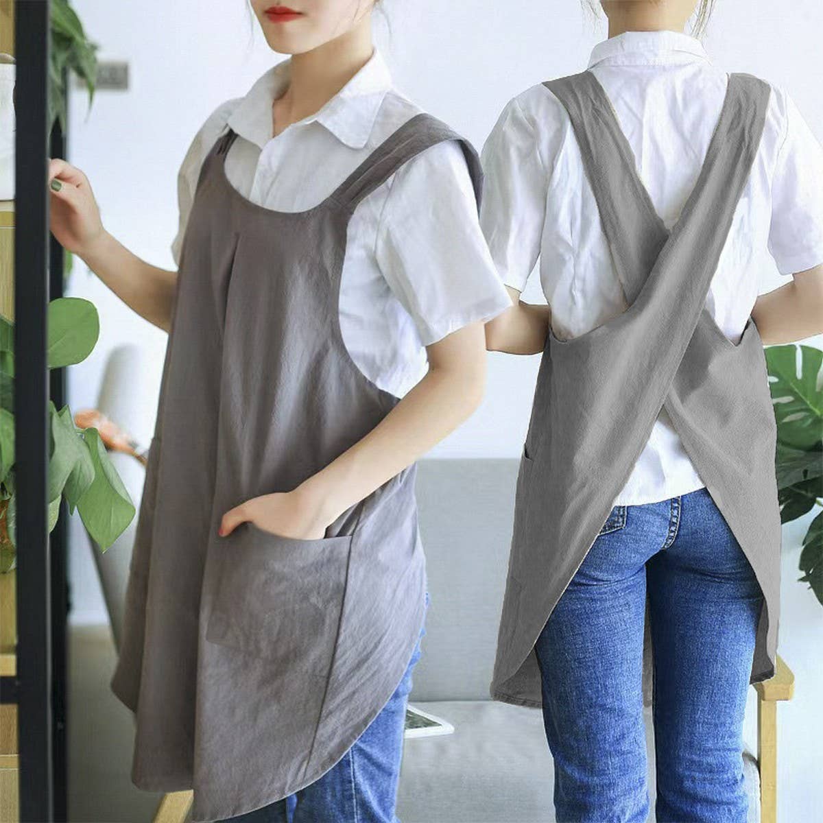 NINEXIS - CWAB3993_COTTON AND LINEN SOLID COLOR TIE-FREE WORK APRON: KHAKI / (OS) 1
