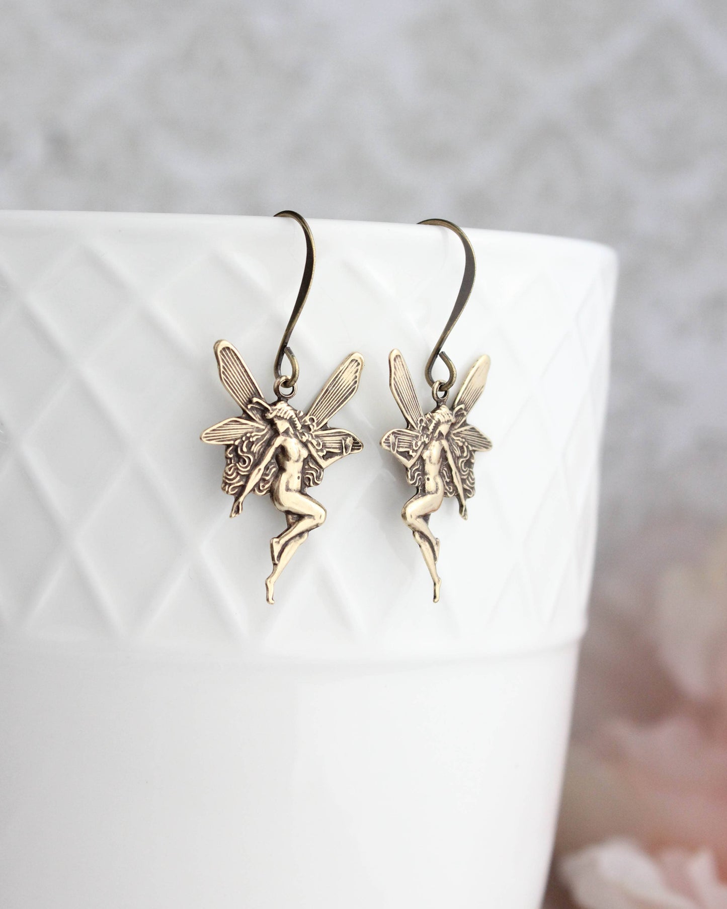 A Pocket of Posies - Fairy Earrings | Mystical Earrings | Silver Wing Earrings: Antiqued Gold Brass