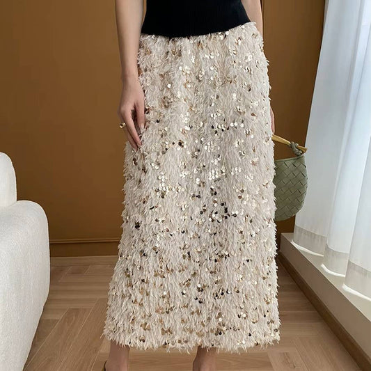 PEACH ACCESSORIES - Sequins Fringe Midi Skirt SK1199: Beige