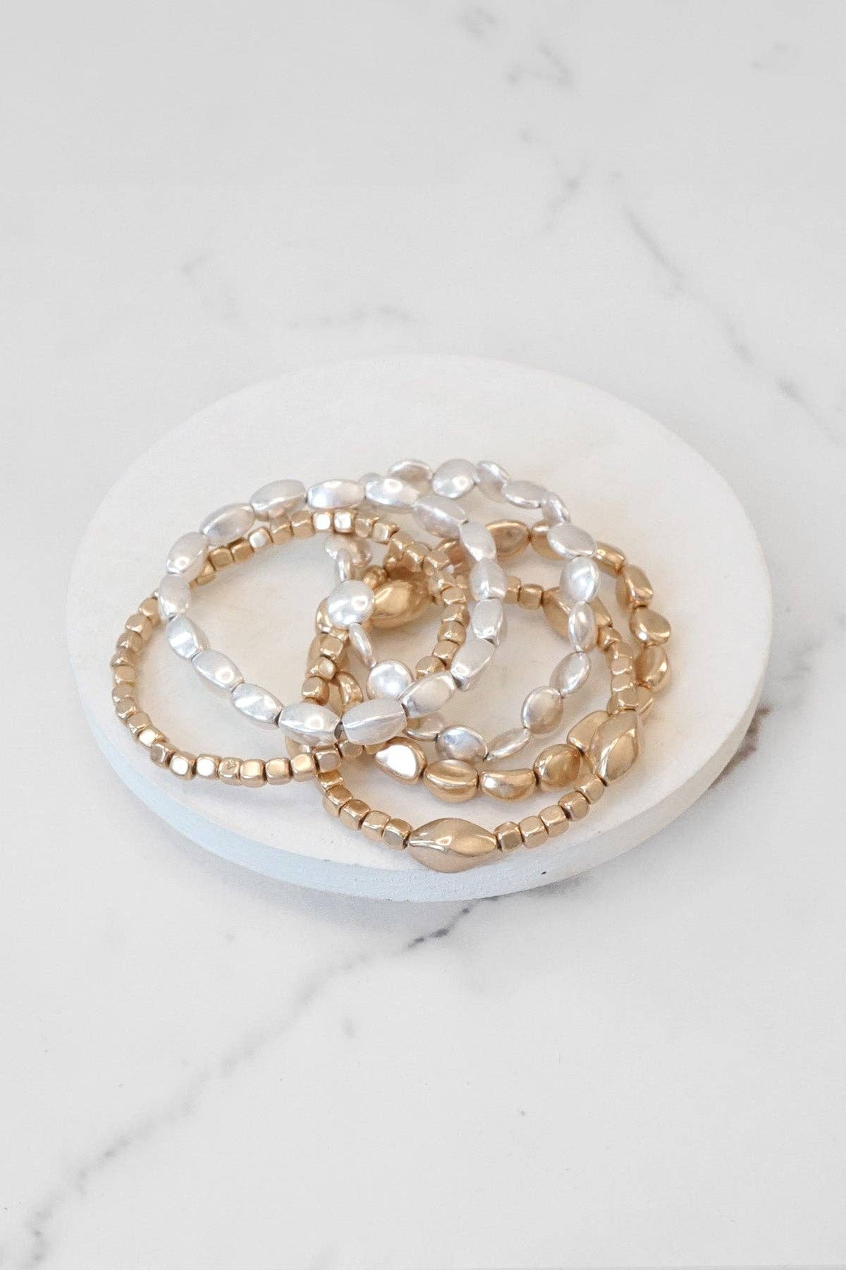 PennyLine inc - Boho Gold and silver Beaded Bracelets stack of 5: Worn Gold Tone