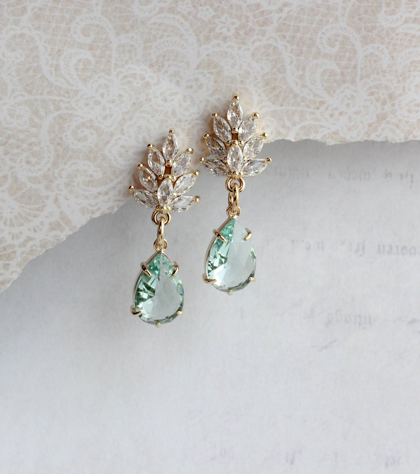 A Pocket of Posies - Glass Leaf Earrings | Rhinestone Studs | Gold or Silver: Gold Plated