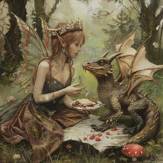 Mowbi - Tea Time for a Fairy and Her Pet Dragon 8”x8” Art Print