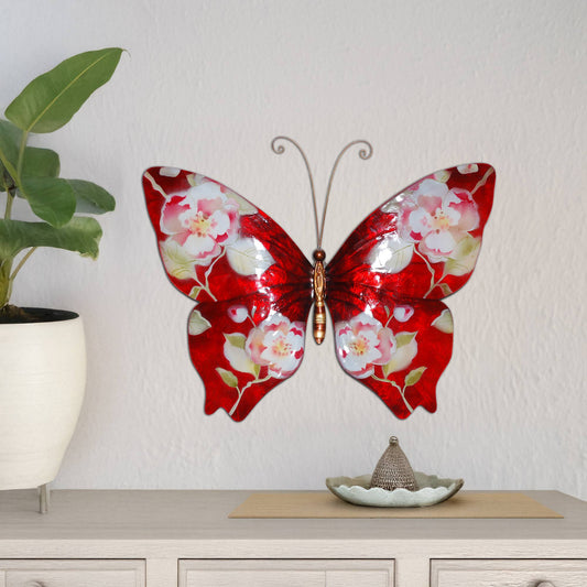 Eangee Home Design - Butterfly Wall Decor Red With Flowers, w/ Capiz-Outdoor Safe
