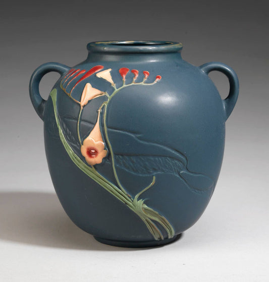 AA Importing - Roseville-Style, Freesia Pot in Blue & Brown, 9": Blue