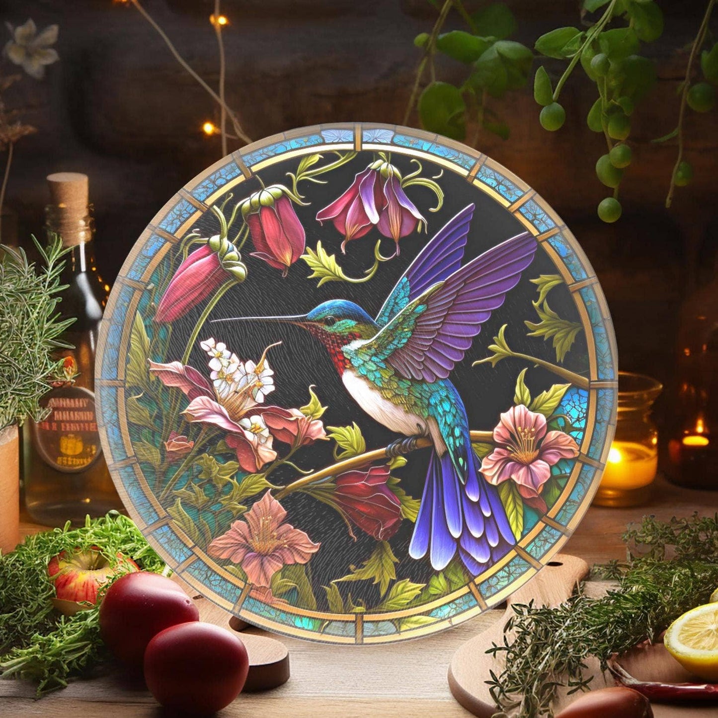 Fernville Creations - Hummingbird Tempered Glass Cutting & Charcuterie Board: 12 Inch