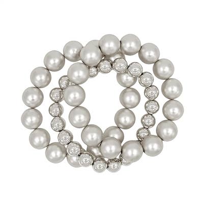 What's Hot - Matte Silver Large Beaded Set of 3 Stretch Bracelets