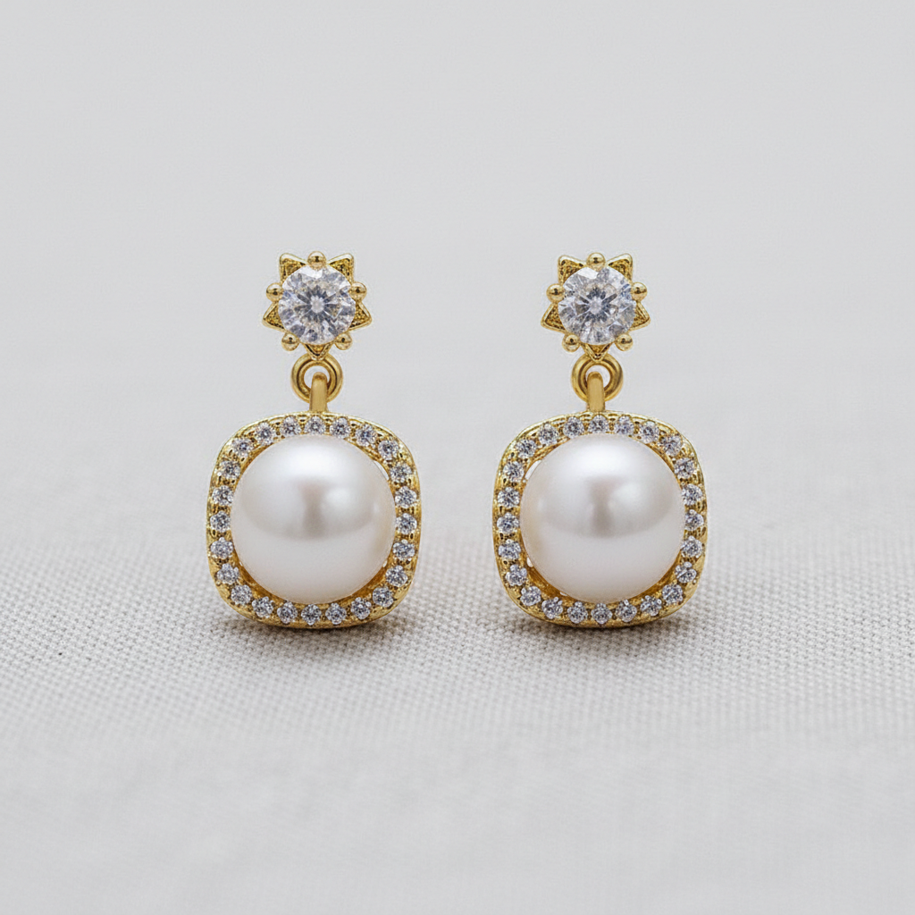 camilla dovey - Square Zircon Pearl Stud Earrings