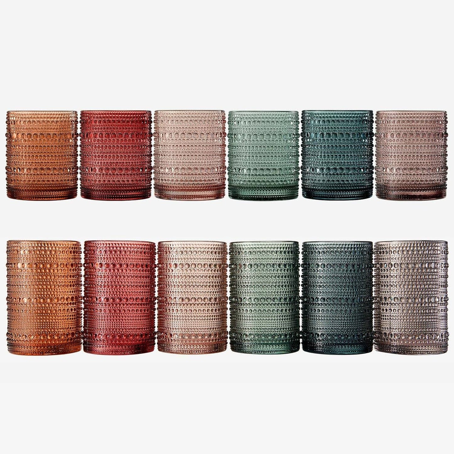 The Wine Savant /  Khen Glassware - 12 Hobnail Drinking Glasses Pastel Colored Beaded Set