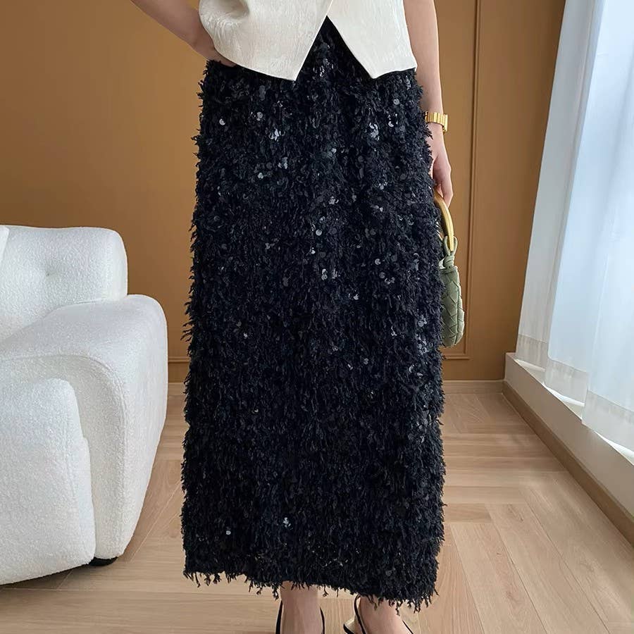 PEACH ACCESSORIES - Sequins Fringe Midi Skirt SK1199: Black