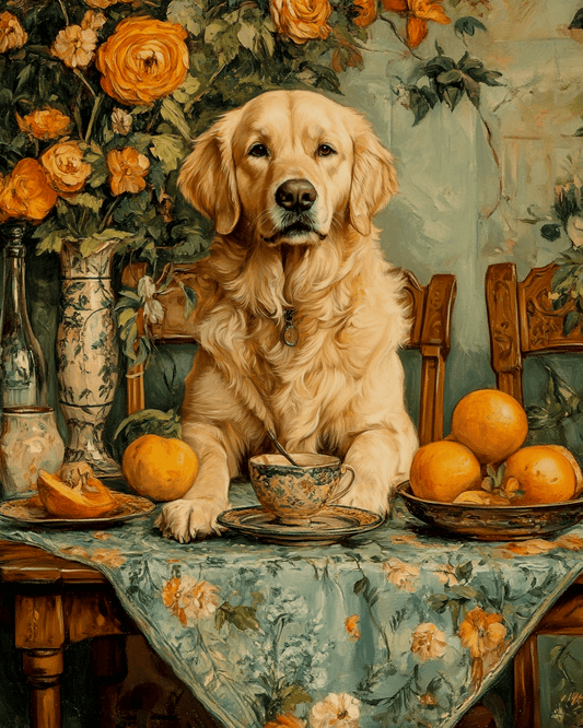 Mowbi - Golden Retriever at Tea - Pet Dog Still Life Wall Art Prints – 8″x10″ Artwork for 11″x14″ Frame