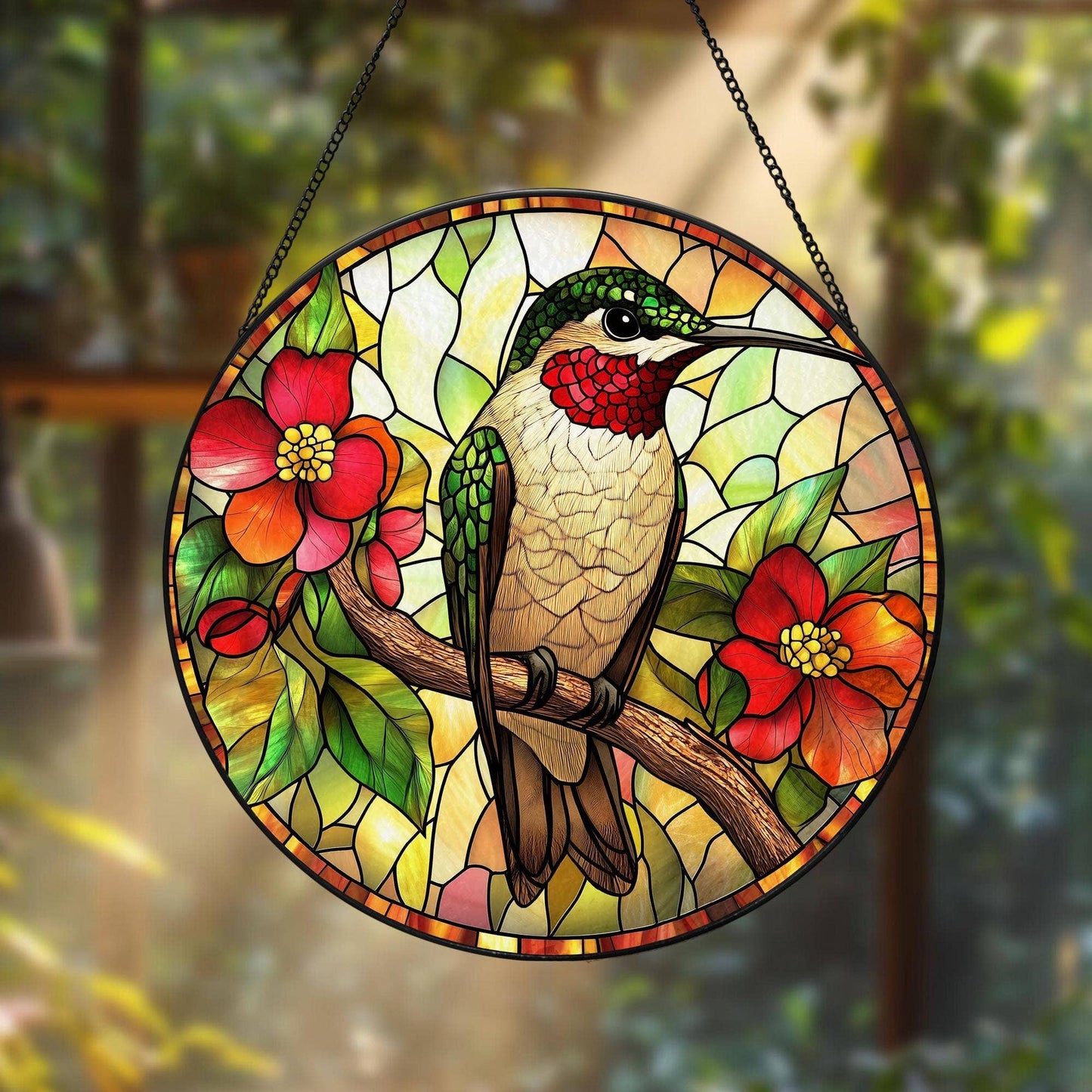 NVC Ecommerce LLC - Hummingbird Stained Glass Suncatcher, Bird Watching Decor: 11.8in