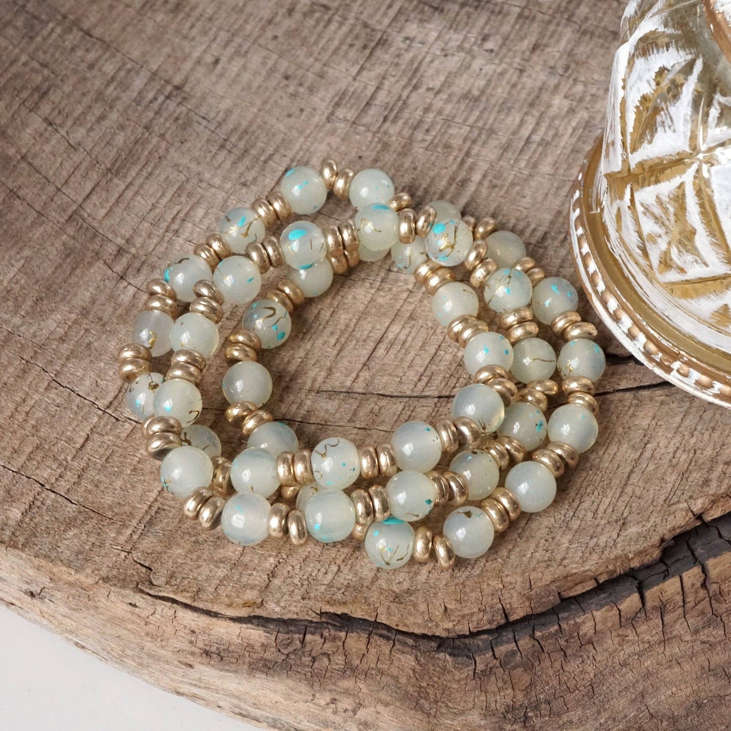 PennyLine inc - Glass Beaded Bracelet Stack with Worn Gold Accents – Green, Cream, or Gray: Gray