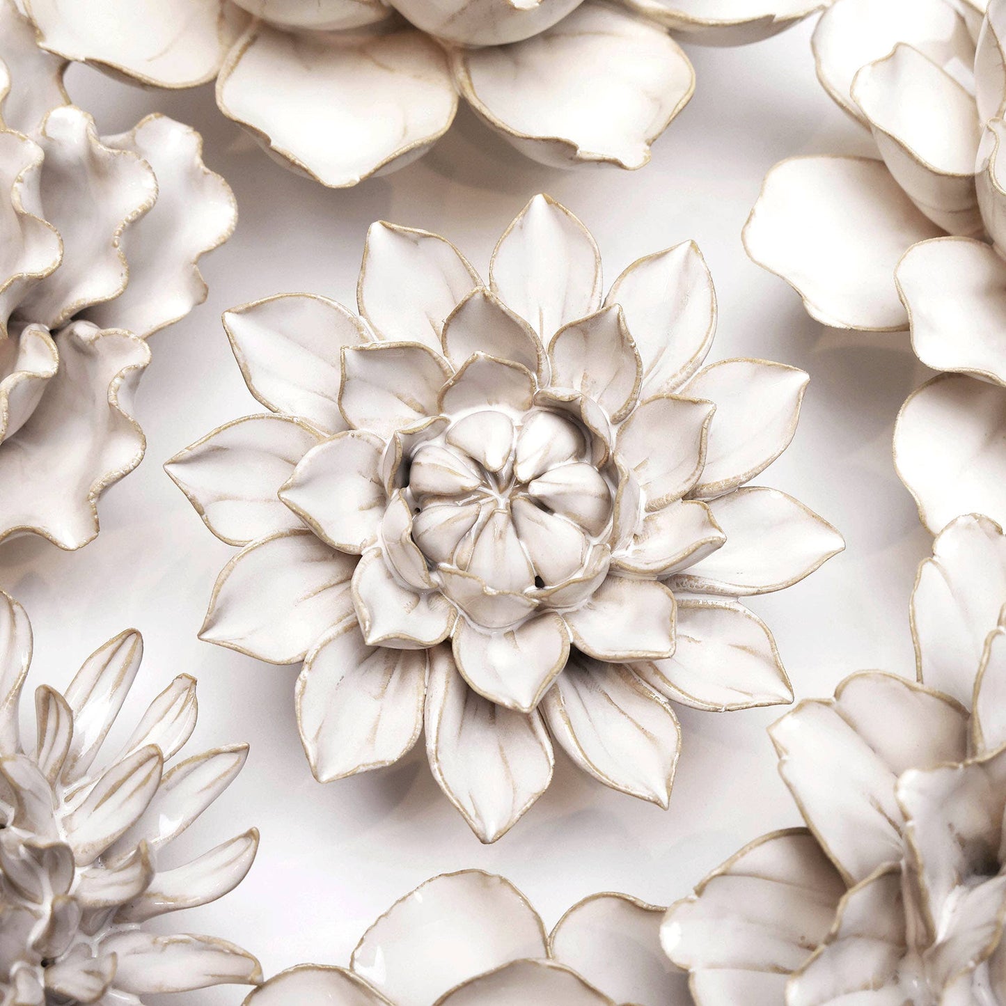 Chive - Coastal White Ceramic Flowers For Tabletop Or Wall Hanging: Ivory Medium Flower