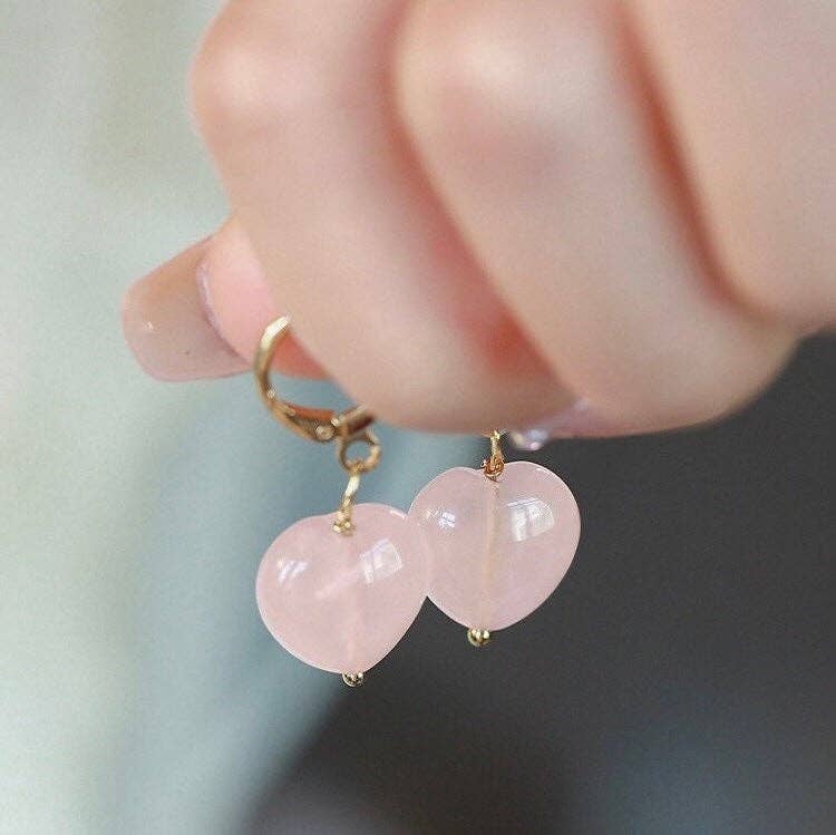 Haengseongworkshop - 18K Gold Plated 10/12mm Rose Quartz Heart Earrings: 12mm