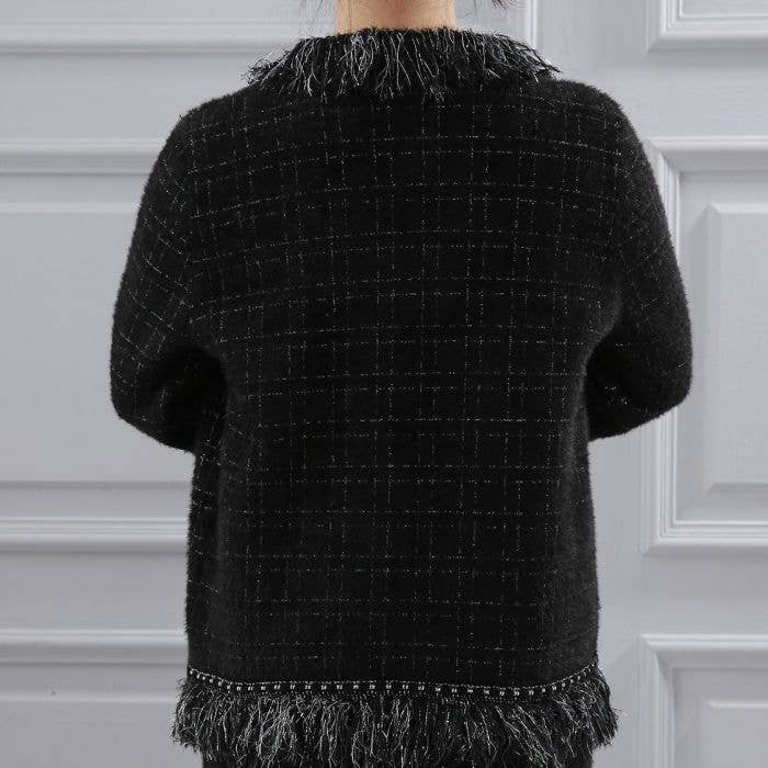 PEACH ACCESSORIES - Classic Tweed Cardigan with Fringe SD196 : Black