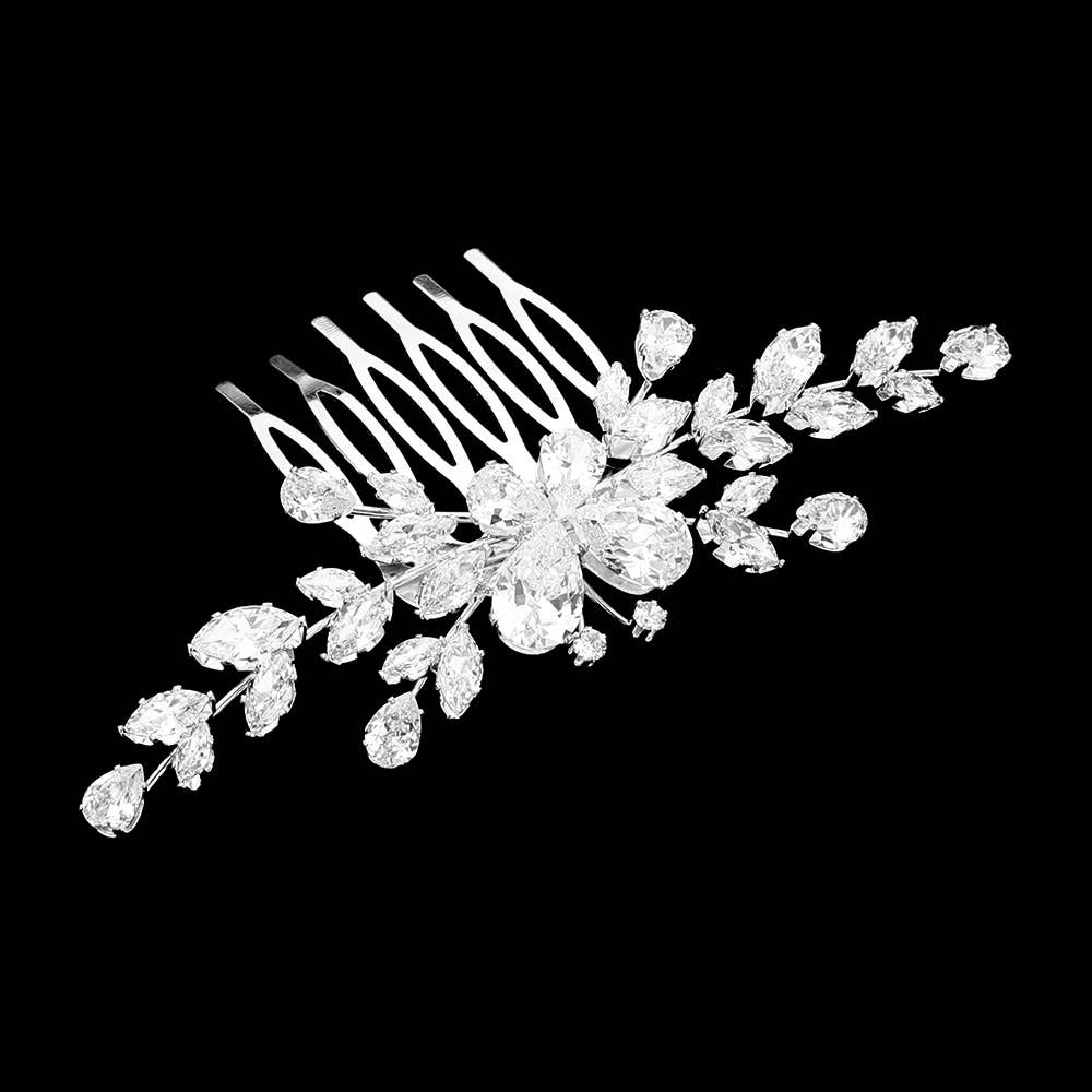 Sensibling Corp. - Elegant CZ Stone Cluster Floral Branch Hair Comb: Clear,Silver