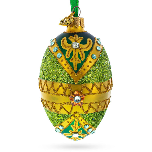 BestPysanky - White Jewels on Glittered Green Glass Egg Ornament