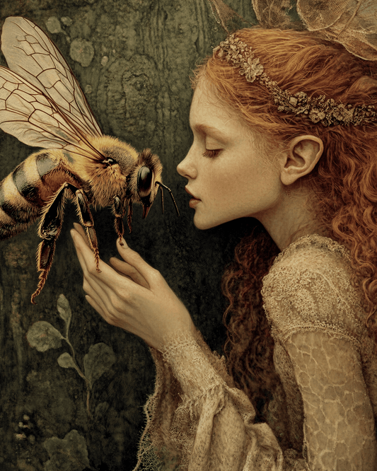 Mowbi - Fairy Talking to a Bee - Honey & Bee Wall Art Prints – 8″x10″ Artwork for 11″x14″ Frame