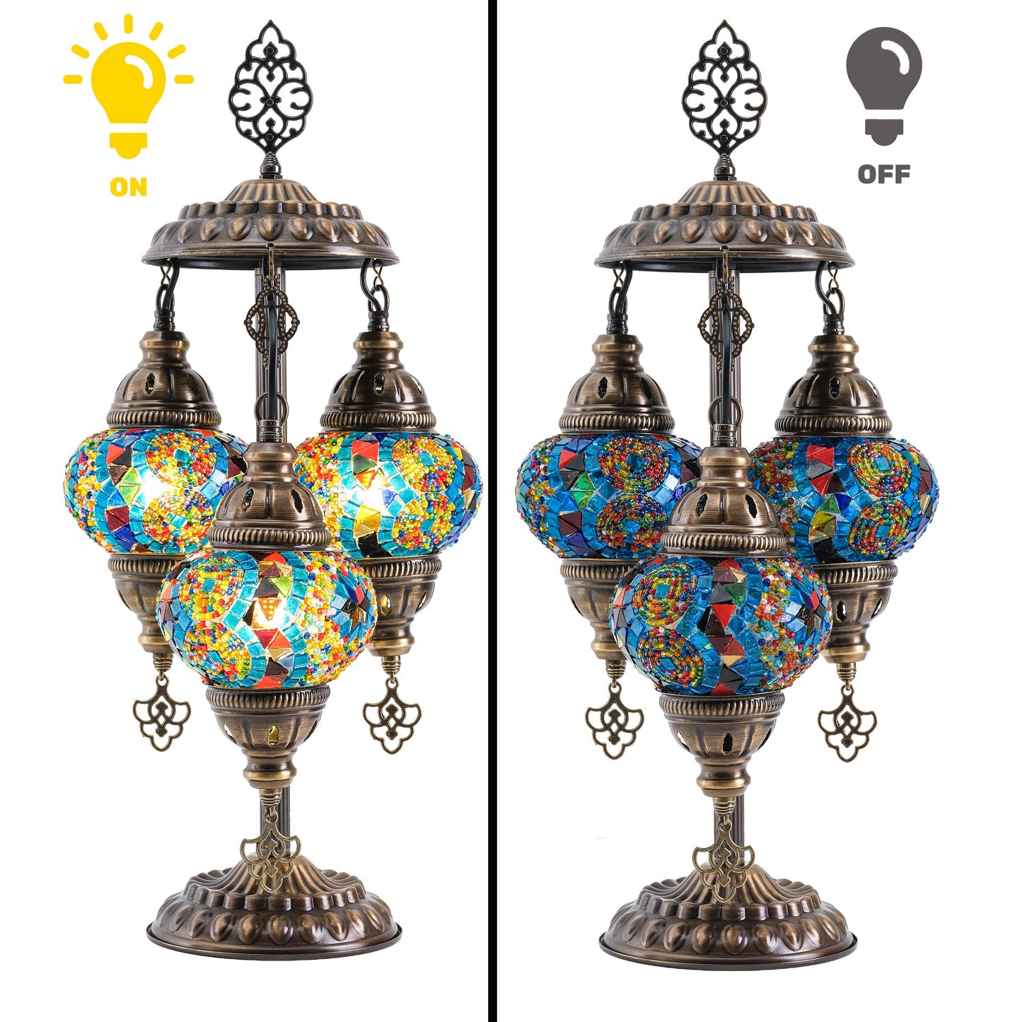 Mozaist LLC - 3-Globe Turkish Mosaic Table Lamp (Rainbow)