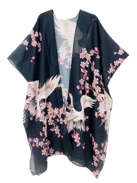 JC Sunny Fashion - Black-White Crane & Floral Kimono