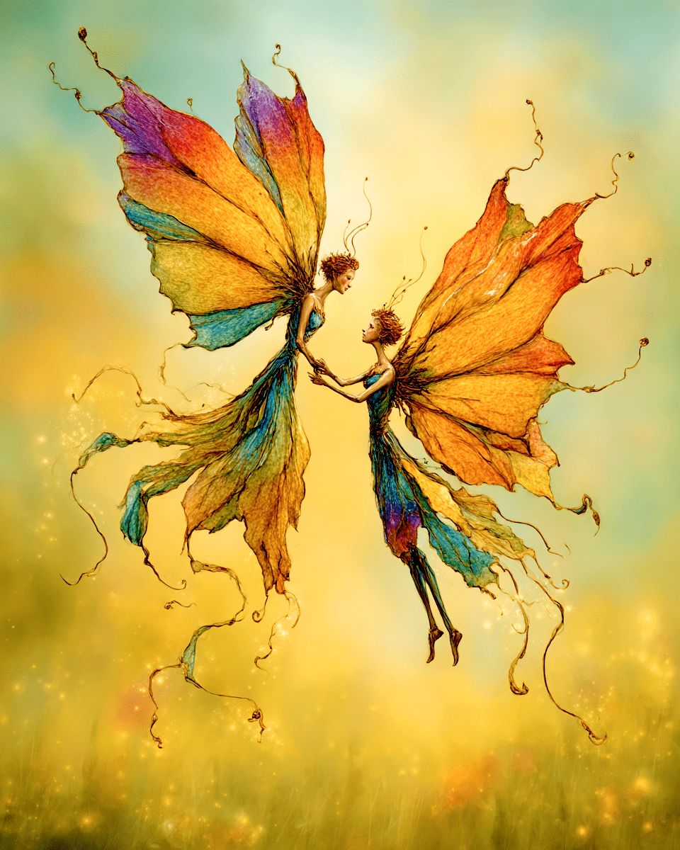 Mowbi - Southwest Desert Fairies Finally Meet Art Print - Fairies 8"x10" Artwork for 12"x14" Frame