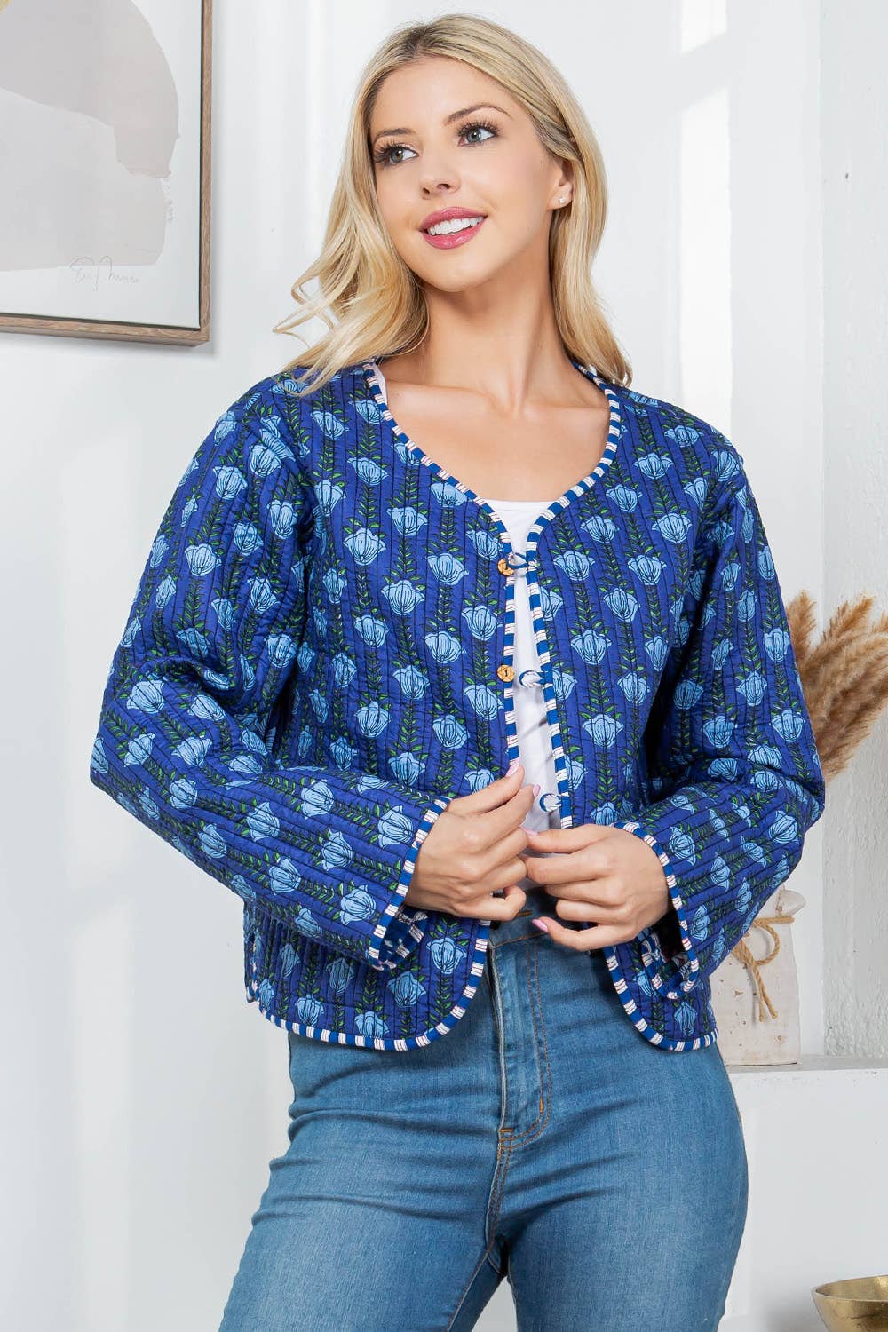 LA Soul - Floral Print Quilted Patch Cotton Jacket - Blue : XL