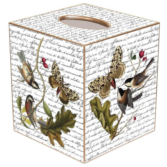 Marye-Kelley - TB350 - Birds and Butterflies on Writing Tissue Box Cover: Paper Mache