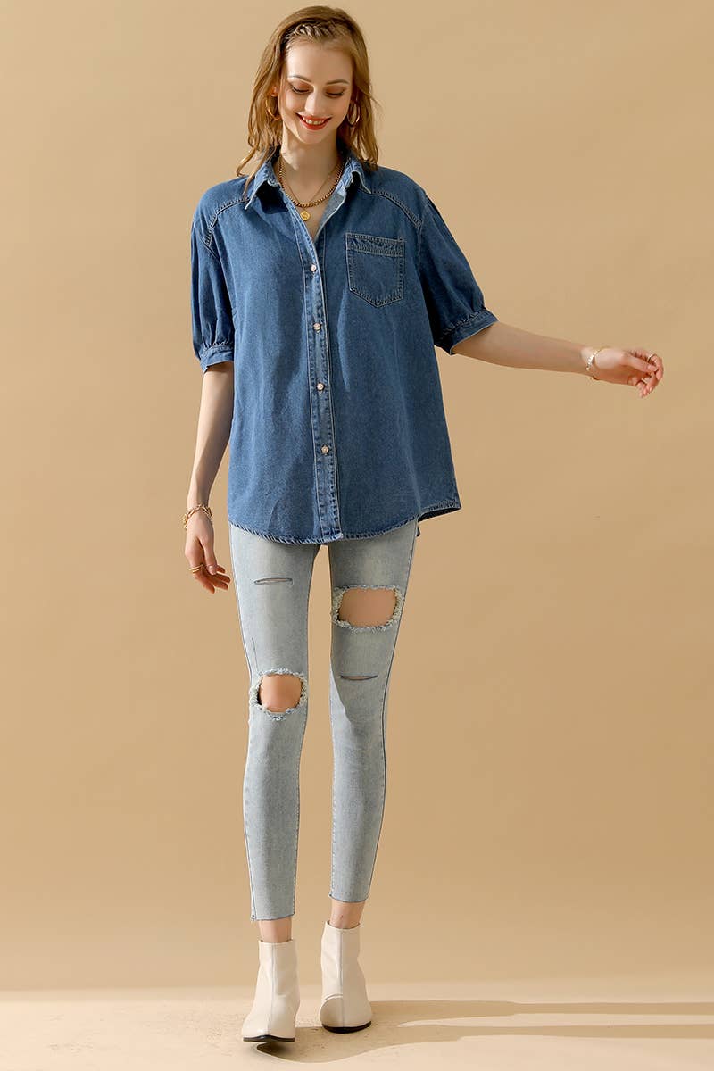 NINEXIS - CWJT0001-B_SHORT PUFF SLEEVE BUTTON DOWN DENIM SHIRTS: DENIM / (L) 1