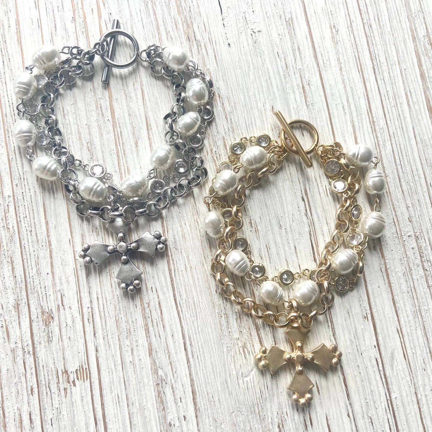 VB&CO Designs Handmade Jewelry - French vintage cross pearl matte gold jewelry: Matte gold