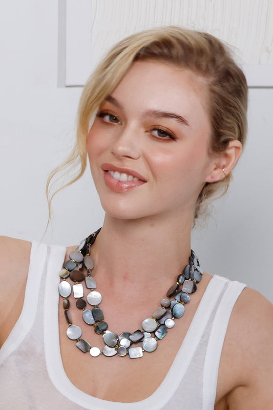 Sea Lily - SH46B - Black Mop 3 Strand Necklace With Oval And Round And