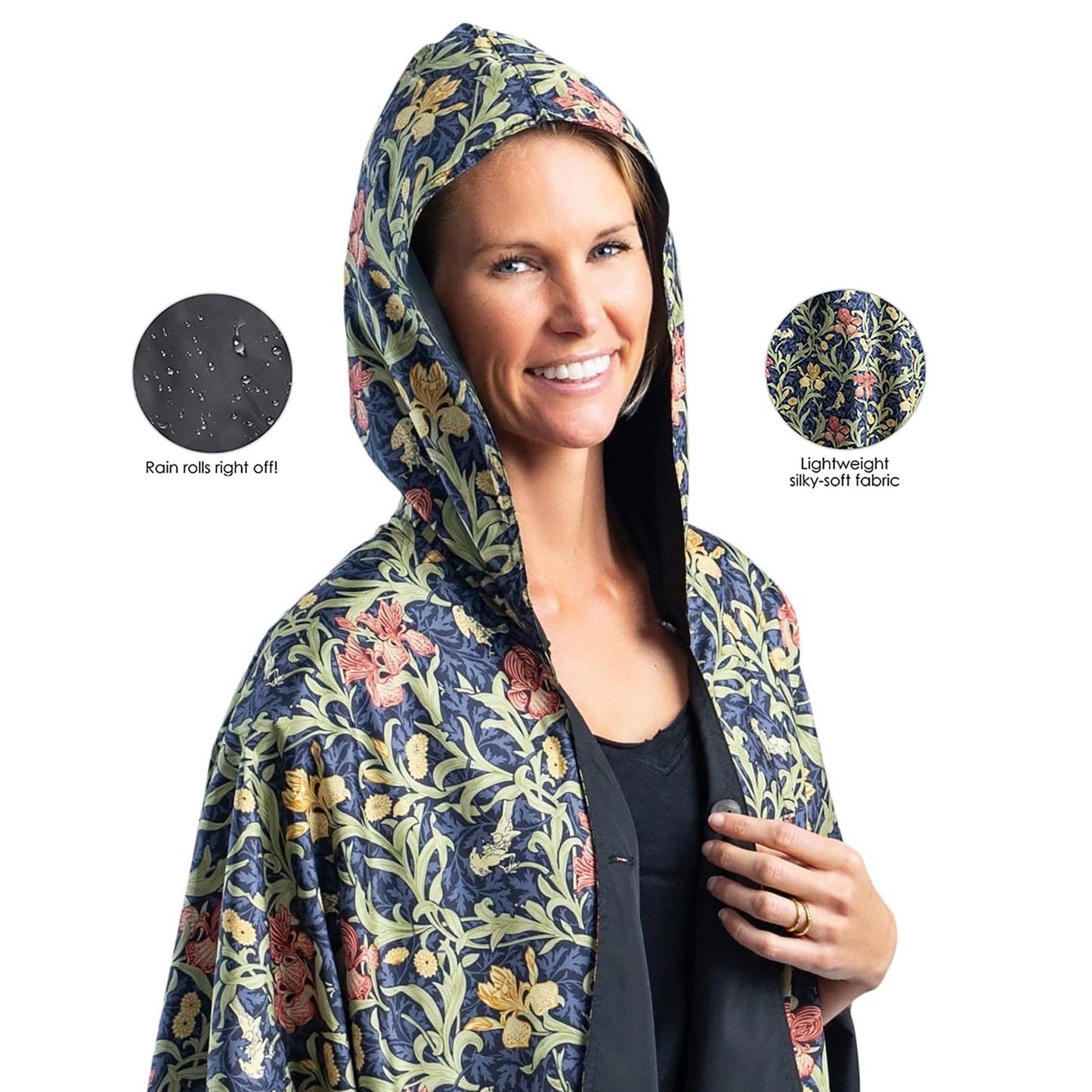 RainCaper - William Morris Golden Flowers & Black Womens Rain Cape - Rainproof Breathable Rain Poncho