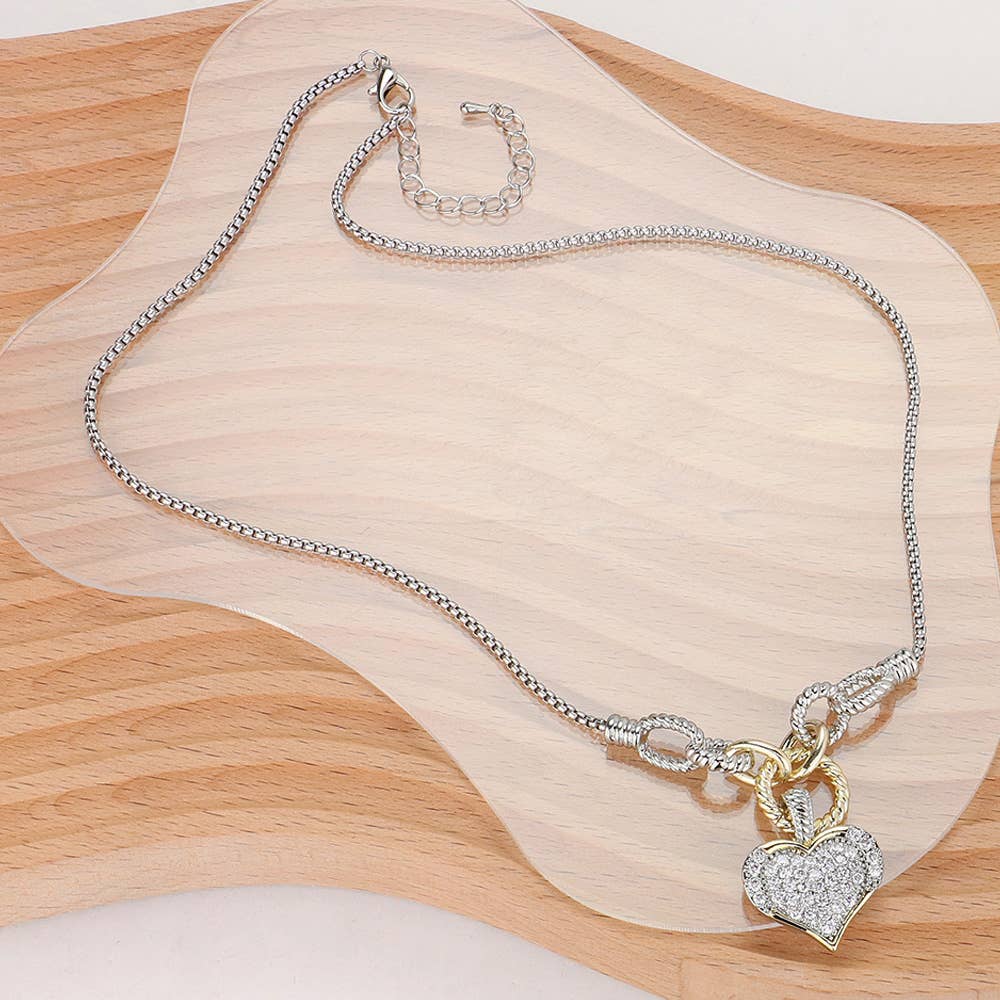 Sensibling Corp. - 14K Gold Plated Two Tone CZ Stone Paved Heart Necklace