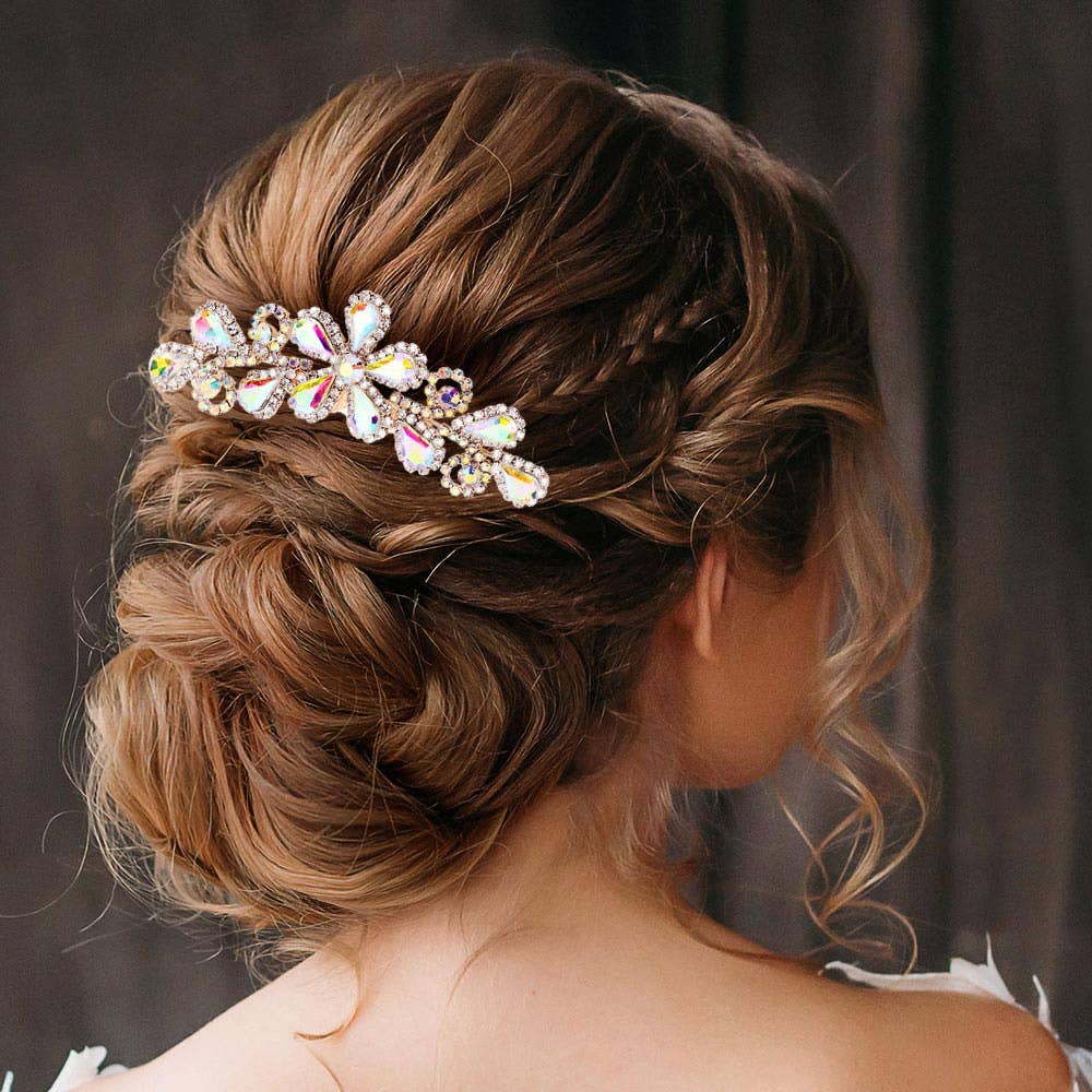 Sensibling Corp. - Teardrop Stone Flower Leaf Hair Comb: AB,Gold