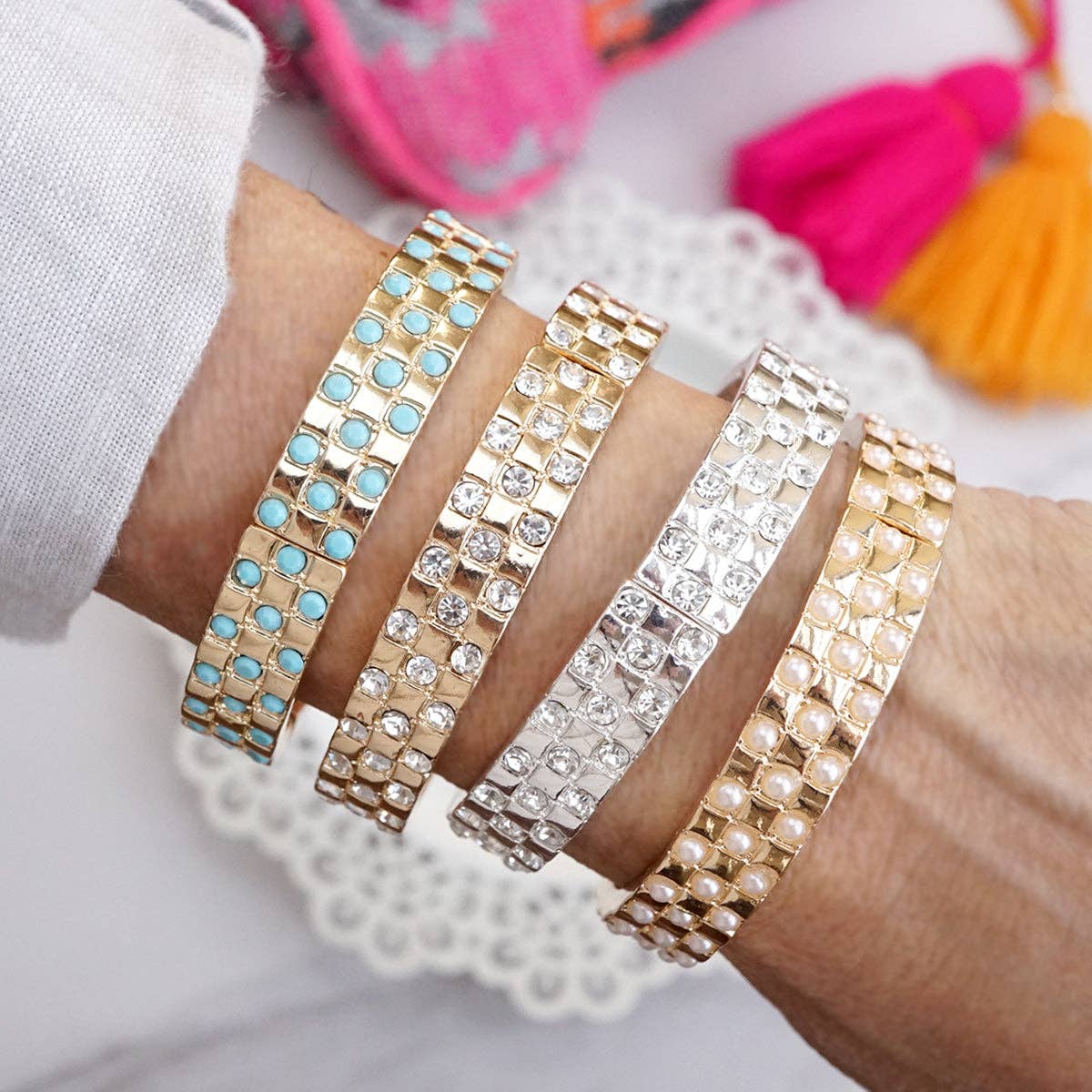 PennyLine inc - Luxe Check – Checker Crystal Stretch Bangle: Gold - Clear