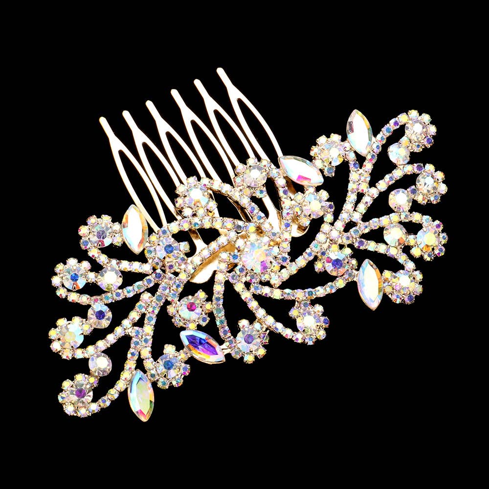 Sensibling Corp. - Marquise Stone Accented Rhinestone Paved Flower Leaf Vine Hair Comb: AB,Gold