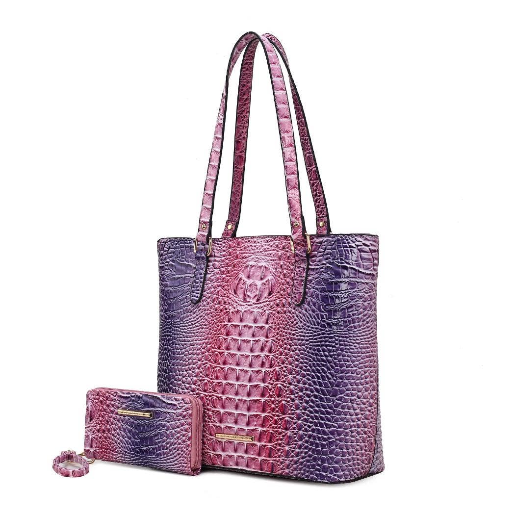 MKF Collection - MKF Piper Gradient Rainbow Embossed Tote Bag & Wallet: Coral