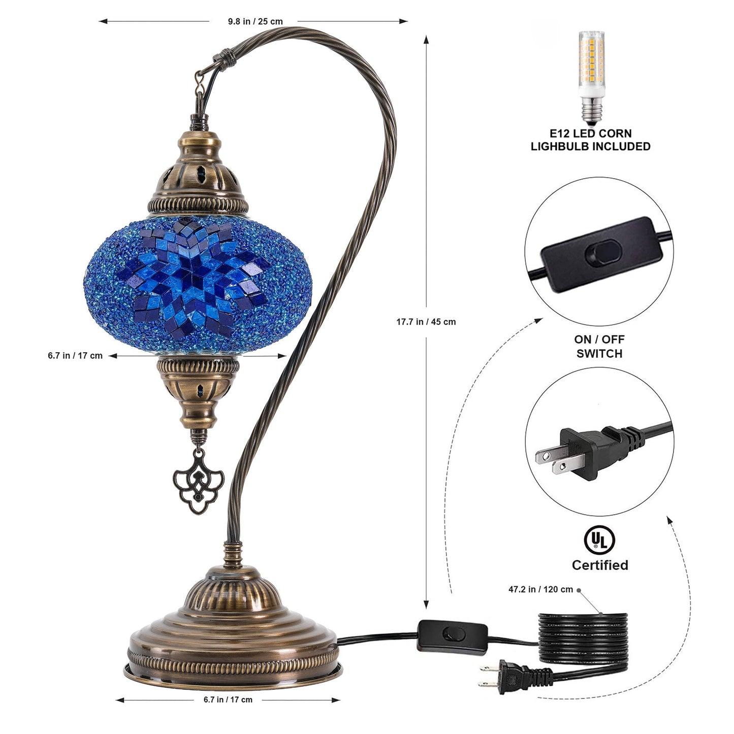 Mozaist LLC - Mozaist Handmade Turkish Mosaic Swan Table Lamp Blue