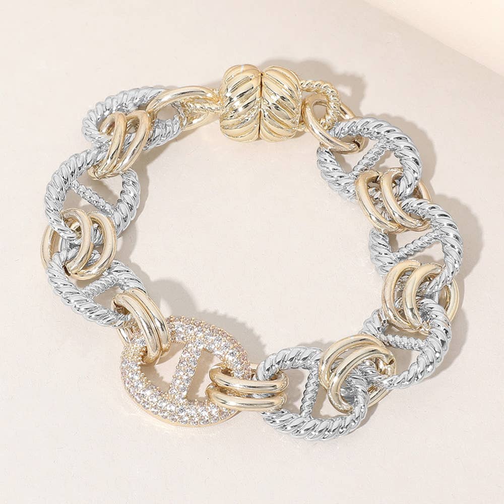 Sensibling Corp. - 14K Gold Plated CZ Stone Paved Link Magnetic Bracelet