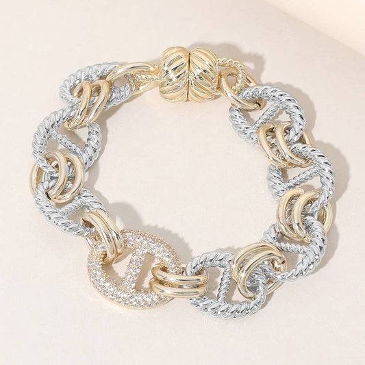 Sensibling Corp. - 14K Gold Plated CZ Stone Paved Link Magnetic Bracelet