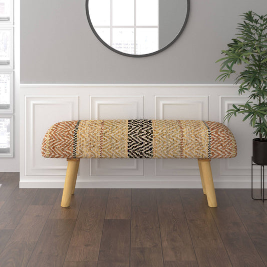 LR Home - Boho Brown/Black Chevron Striped Upholstery Accent Bench