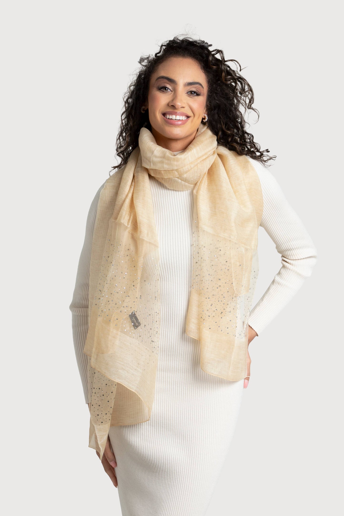 SAACHI - Star Gazer Wool Blend Sparkle Silk Scarf: Taupe