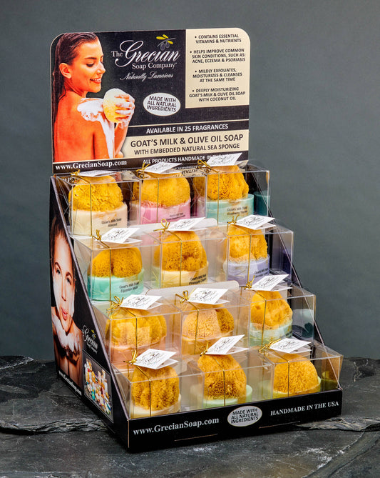 The Grecian Soap Company - Goat's Milk Soaps with a Natural Sea Sponge Display