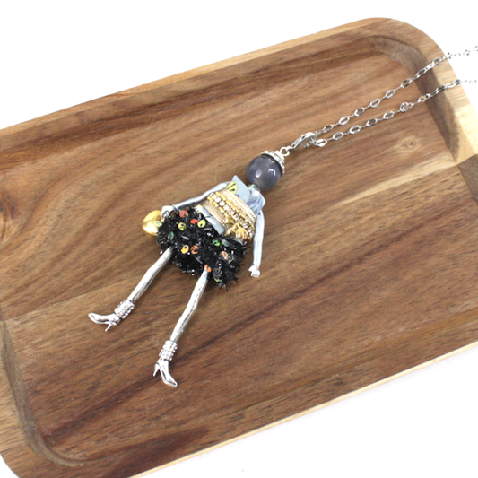 Pretty Persuasions - N26102 Stone Adorned French Doll Stainless Steel Necklace: 11 BLU/SL