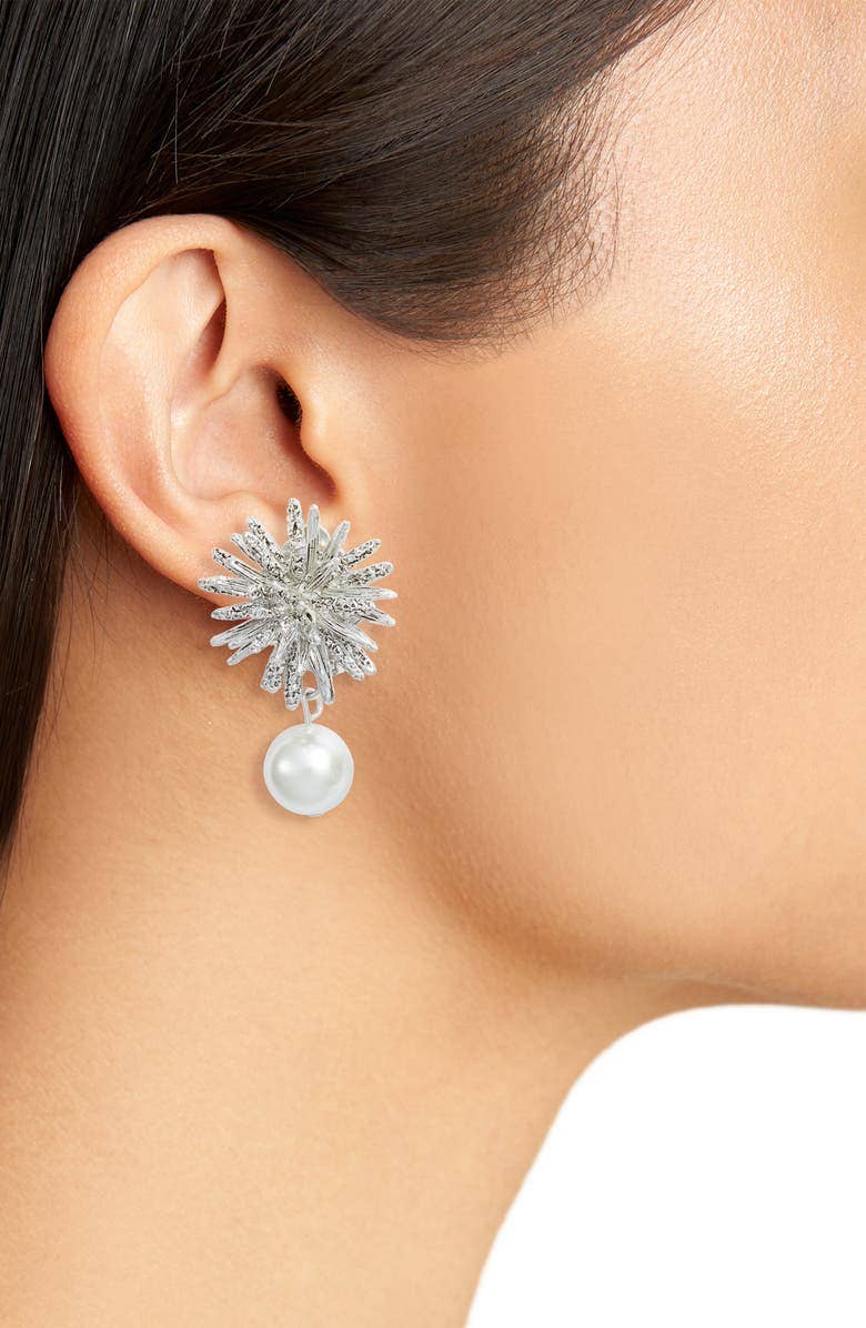 KARINE SULTAN - Starburst Clip-Ons Statement Earrings with Pearl Drop: Silver