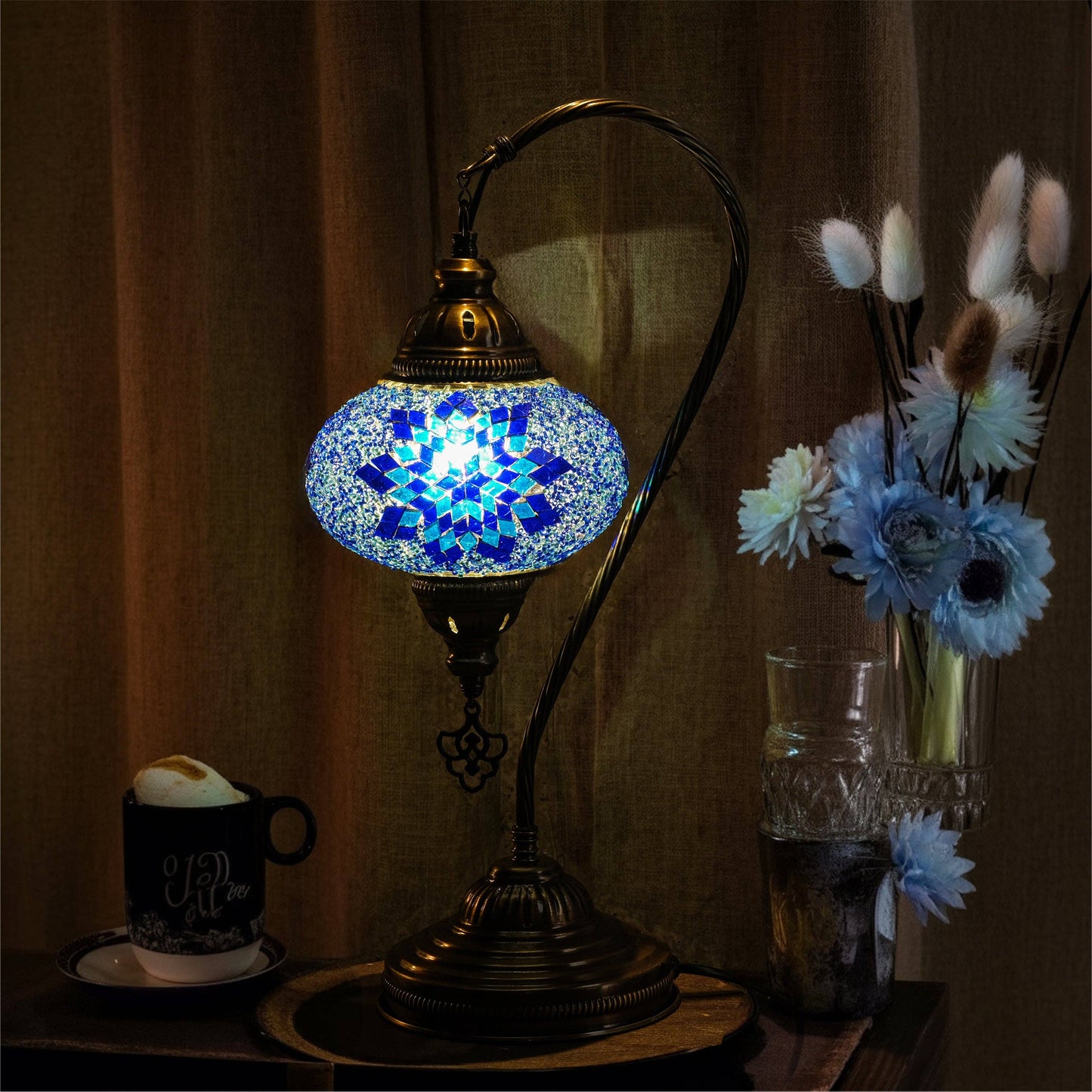Mozaist LLC - Mozaist Handmade Turkish Mosaic Swan Table Lamp Blue