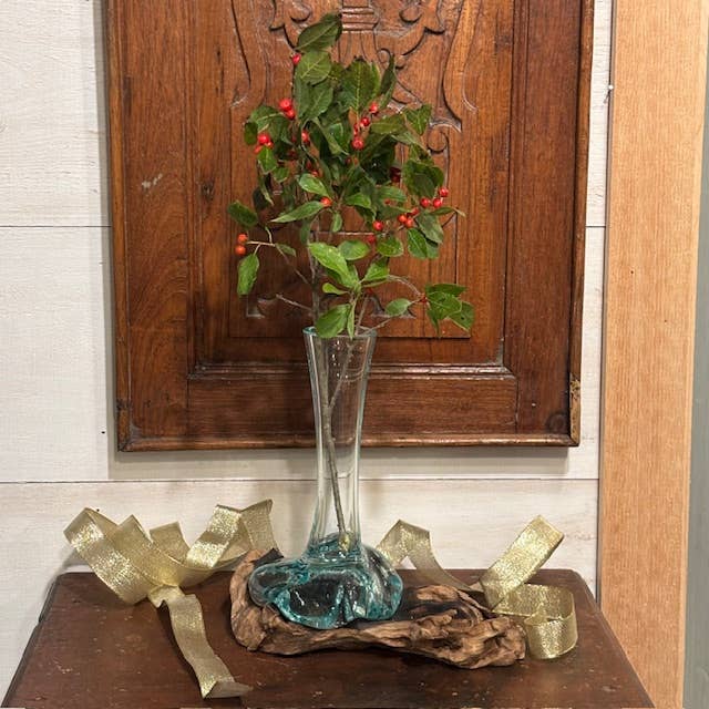 Asia West - Glass Vase on Natural Wood Base (approx. 9"h)
