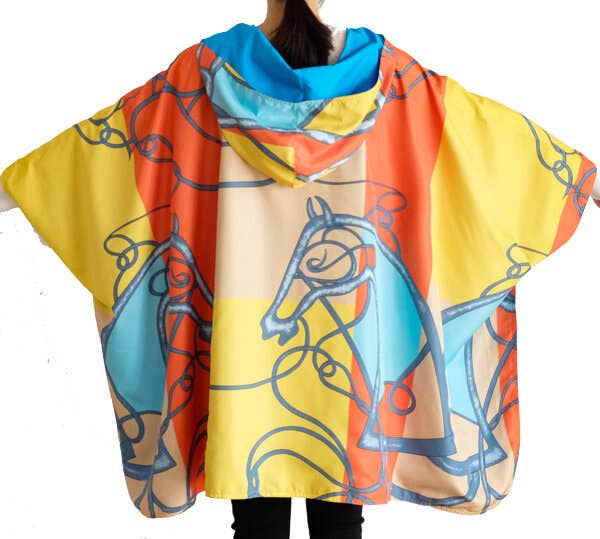 Winding River - Equestrian Turq/Orange Reversible Rain Cape - Swirling Horse