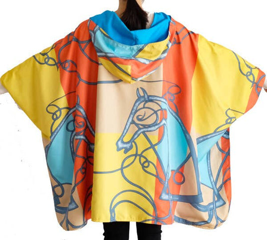 Winding River - Equestrian Turq/Orange Reversible Rain Cape - Swirling Horse