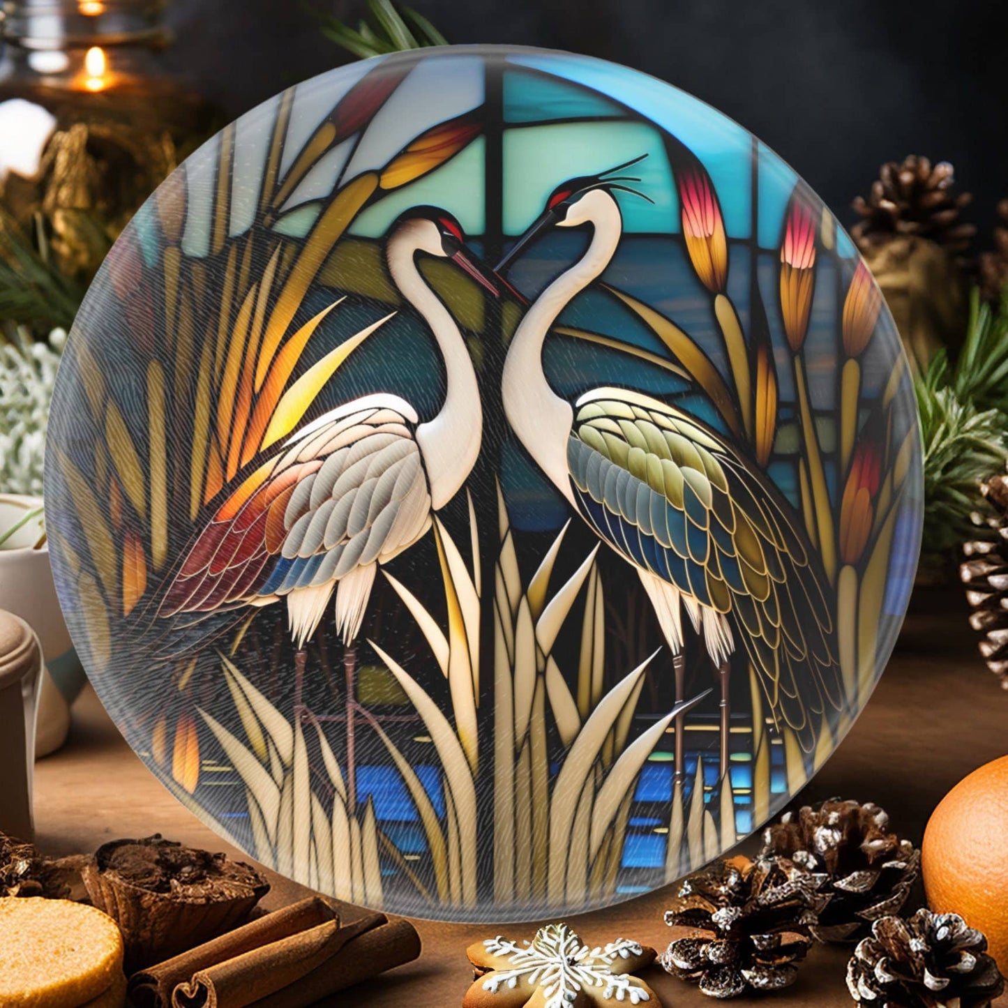 Fernville Creations - Crane Charcuterie Tempered Glass Cutting Board, Serving Tray: 12 - Inch